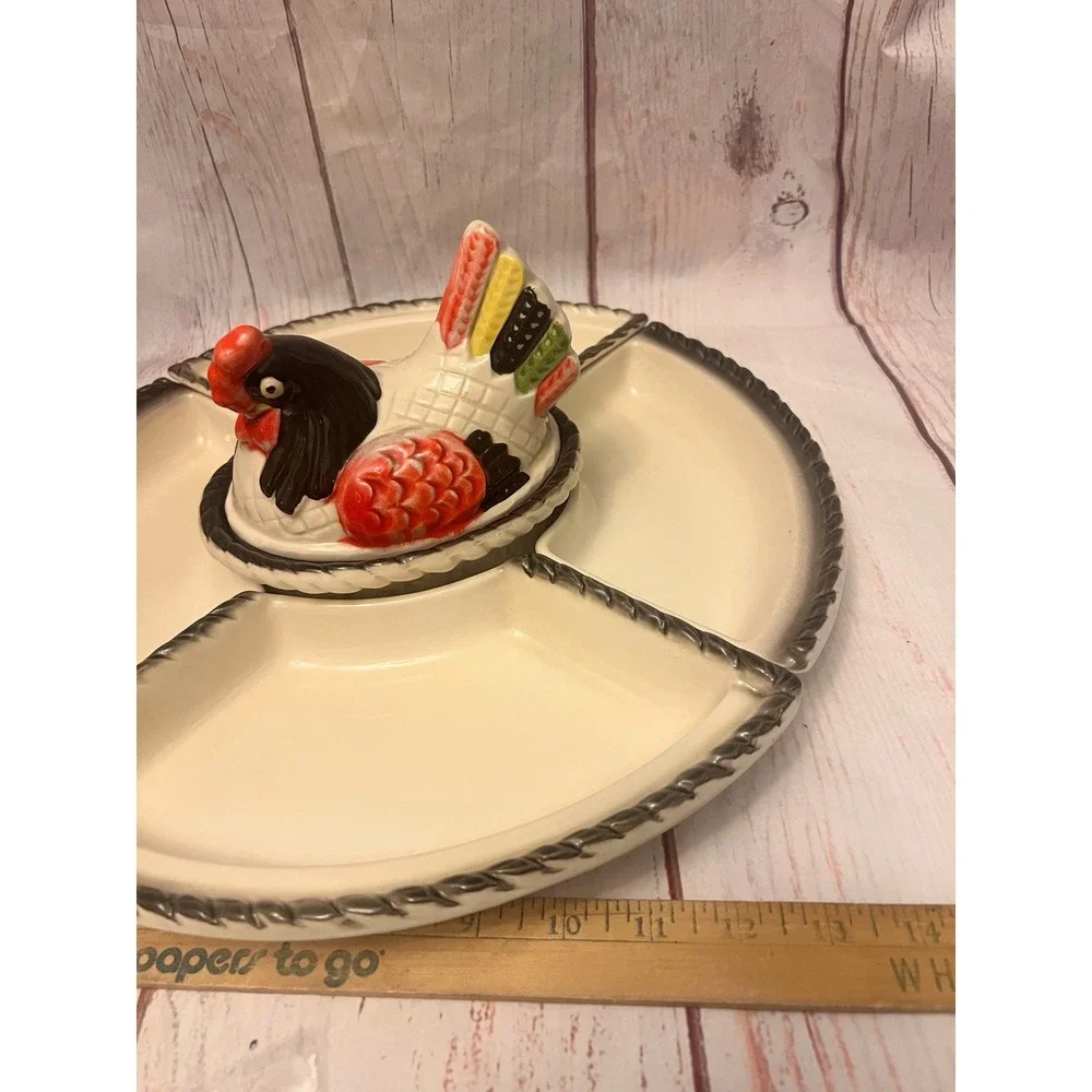 Vintage Lazy‎ Susan Red Rooster / Hen Metlox Poppytail Vtg Ceramic Relish Tray